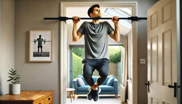 младеж, който се набира на лост за набирания в домашни условия