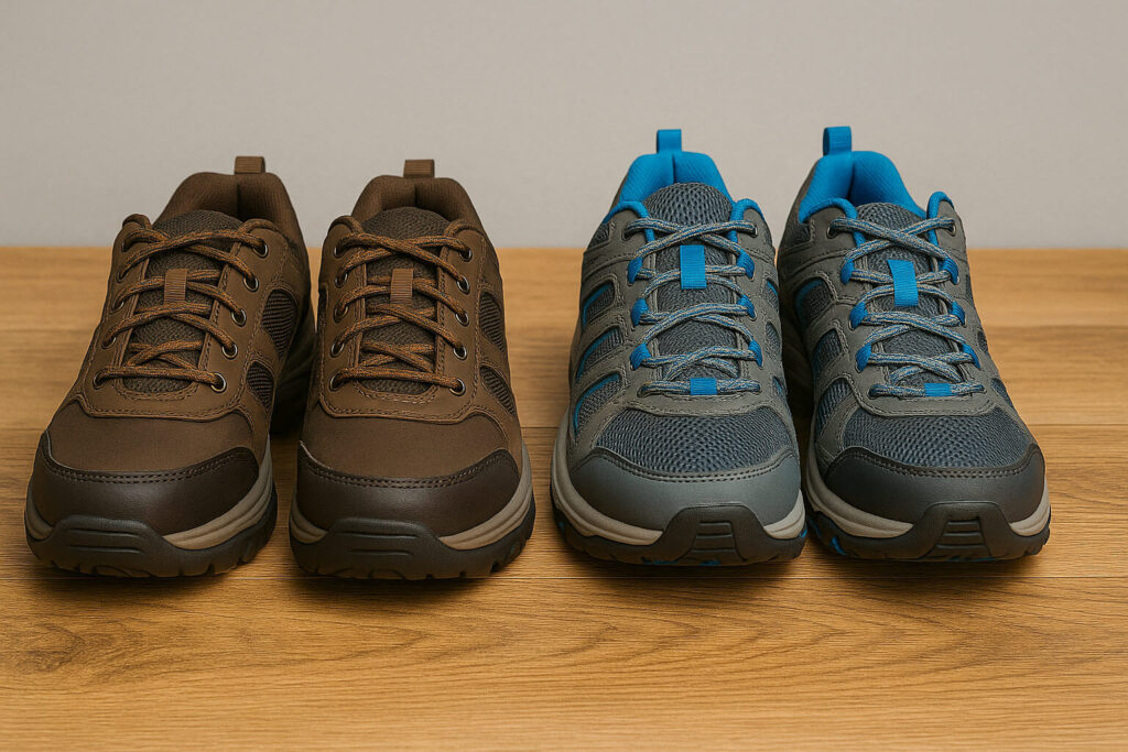 Два чифта туристически обувки – едни кафяви ниски обувки и едни сиви маратонки със сини акценти, поставени върху дървен под
