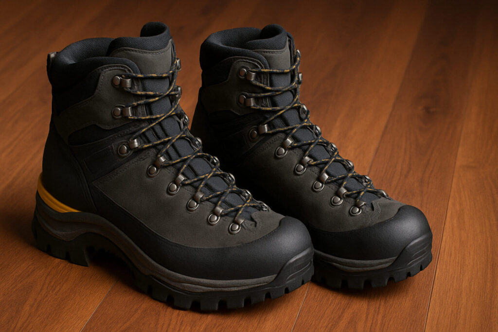 Двойка тъмносиви планински обувки с подсилени връзки и грайфери, поставени една до друга върху дървен под