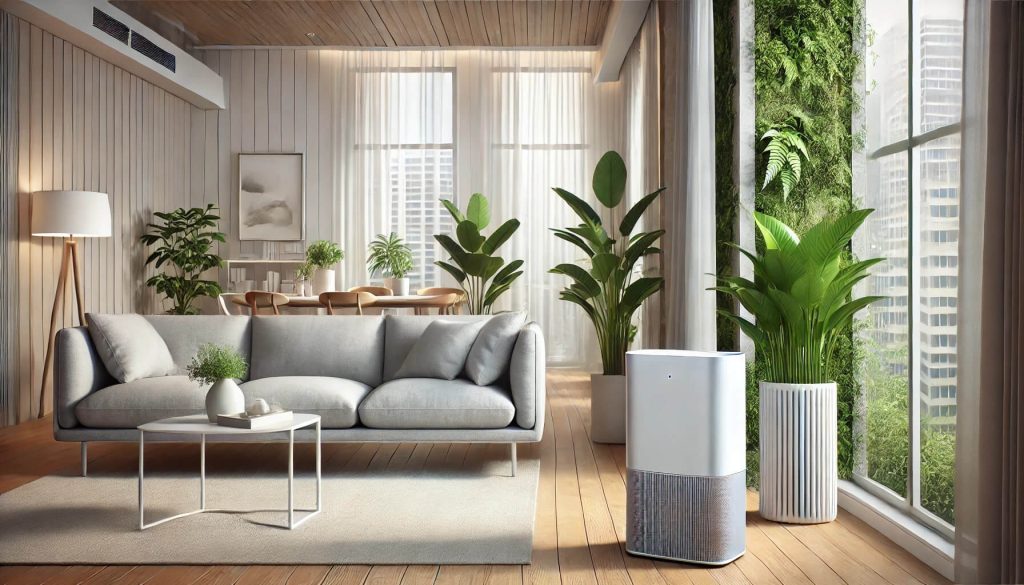 Пречиствател на въздух: Кой е най-добрият избор за вашия дом през 2026? 34 Изчистен пречиствател за въздух, разположен в центъра на модерна всекидневна с големи прозорци и минималистичен декор, включващ диван, масичка и растения