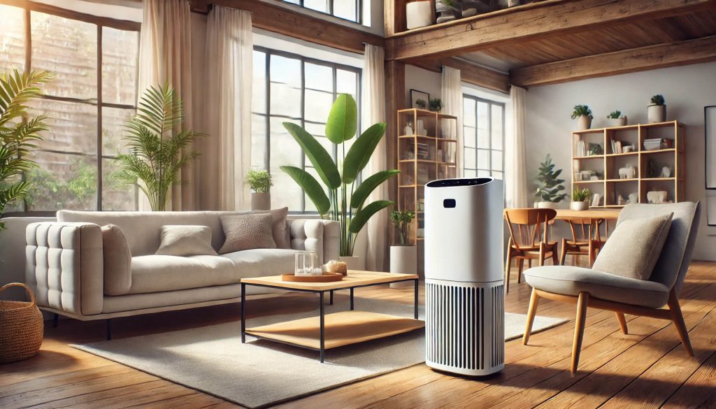 Пречиствател на въздух: Кой е най-добрият избор за вашия дом през 2026? 35 Модерен пречиствател за въздух, позициониран в стилна всекидневна с уютни мебели, дървена масичка и големи прозорци, които пропускат естествена светлина.
