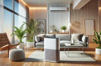 изображение на пречиствател за въздух, разположен в средата на модерна всекидневна