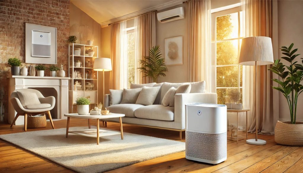 Пречиствател на въздух: Кой е най-добрият избор за вашия дом през 2026? 36 Бял пречиствател за въздух в центъра на уютна всекидневна с топло осветление, мека постелка, комфортен диван и големи прозорци, които създават чиста и здравословна атмосфера.
