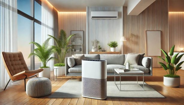 изображение на пречиствател за въздух, разположен в средата на модерна всекидневна