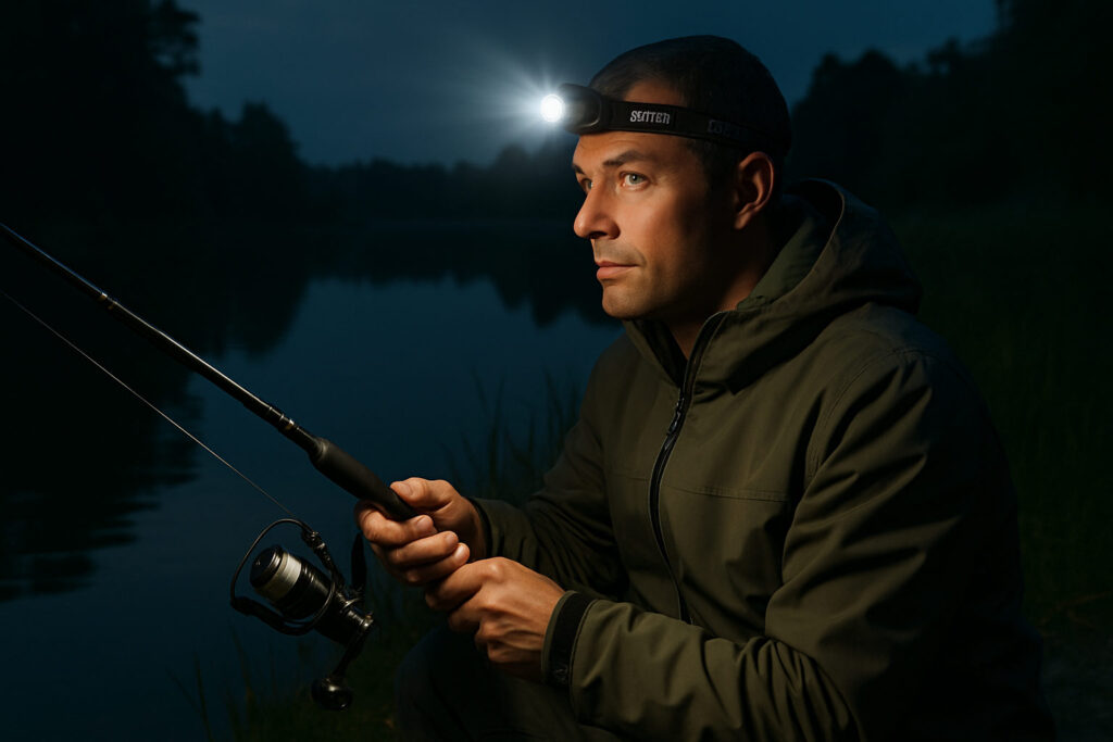 Мъж с челник лови риба на езеро в здрач, облечен в зелено яке и държи въдица