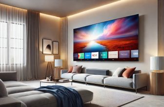 65-инчов телевизор, закачен на стена в модерна всекидневна
