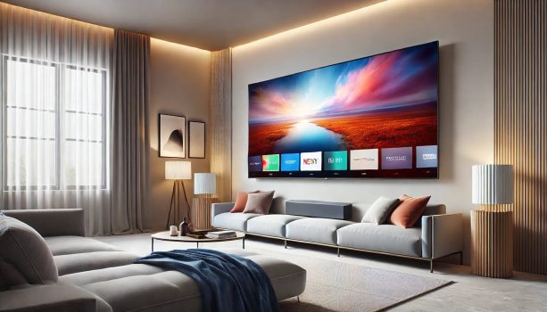 65-инчов телевизор, закачен на стена в модерна всекидневна