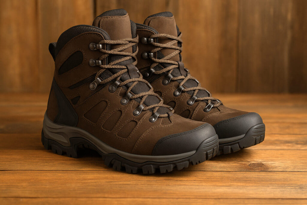 Кафяви трекинг обувки с подсилена конструкция и дебела грайферна подметка върху дървен под
