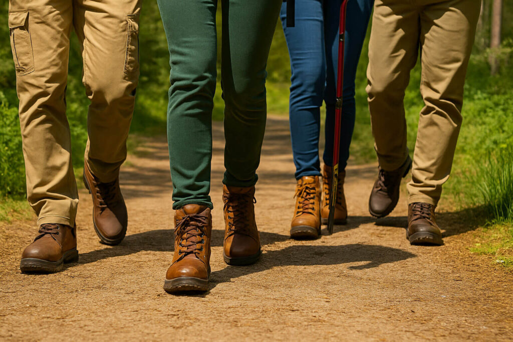 Крака на четирима туристи с различни модели туристически обувки върху горска пътека при слънчево време