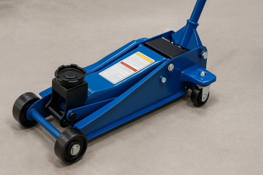 Син хидравличен крик тип "крокодил" върху бетонен под, заснет в близък план.