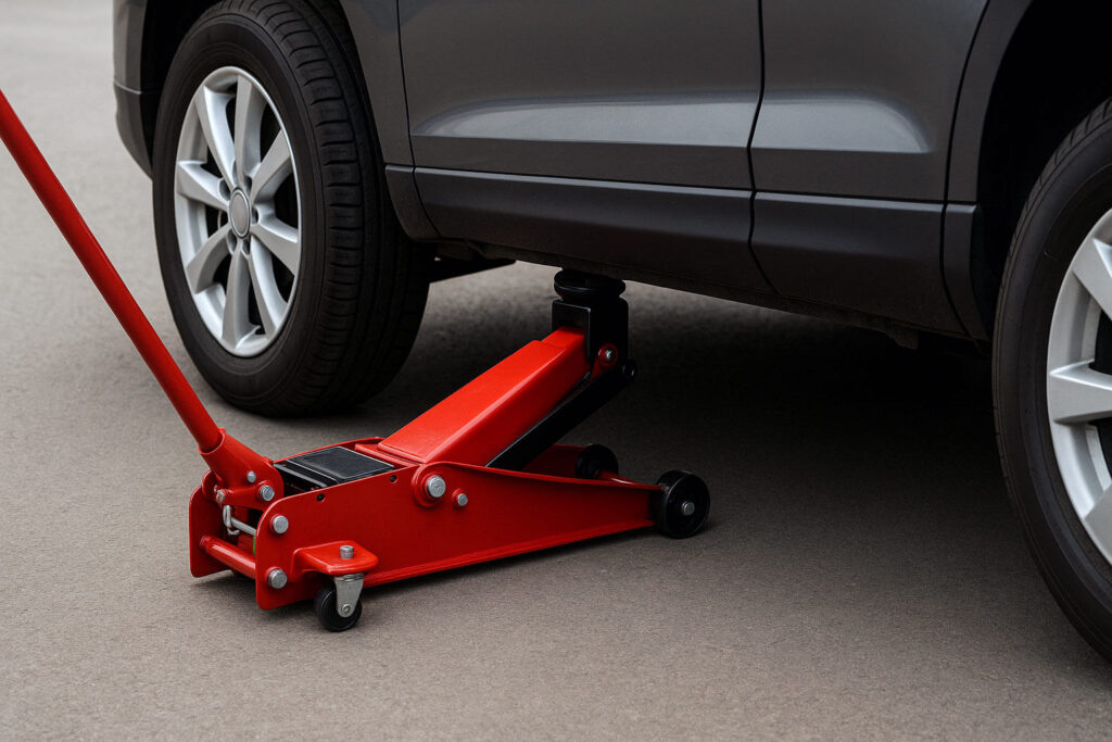 Червен хидравличен крик тип крокодил повдига автомобил върху асфалтова настилка
