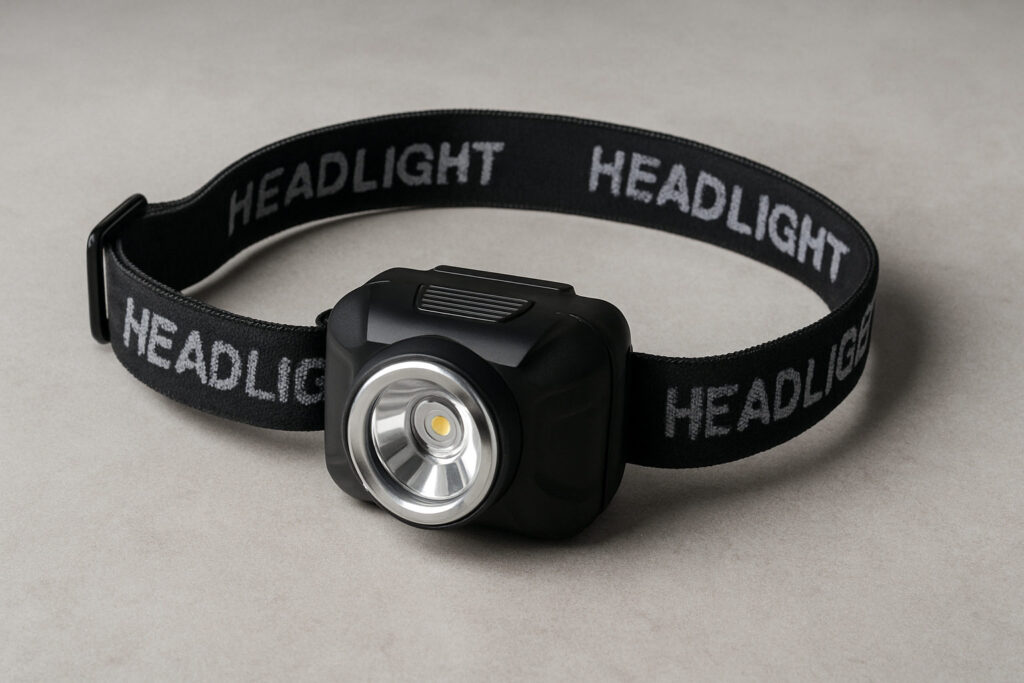 Черен челник с LED осветление и еластична лента с надпис "HEADLIGHT", поставен върху светлосив фон