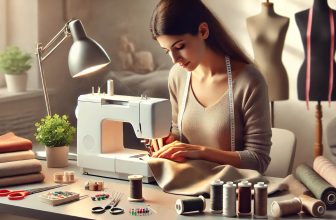 изображение на жена, която шие на модерна шевна машина в уютна домашна обстановка