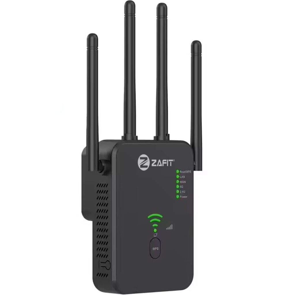 ZAFIT® безжичен усилвател на сигнала, предаване до 1200Mbps, двулентов 2.4G-5G, WPA/WPA2 връзка, 4 антени с MIMO технология, LAN порт, черен