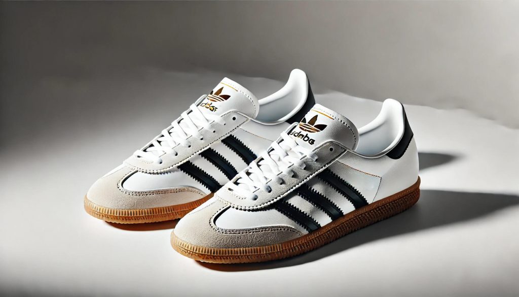 Adidas Samba, подчертаващо класическия дизайн с кожена горна част, черни три ленти и гумена подметка