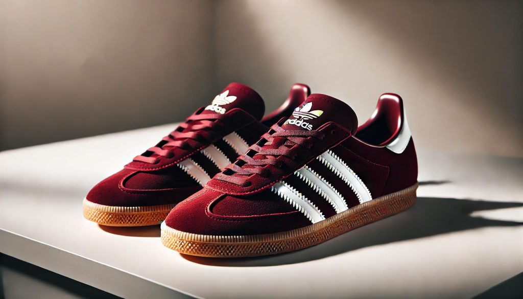 Adidas Samba в бордо (тъмночервен) цвят с бял брандинг и гумена подметка, подчертаваща стилния и класически дизайн