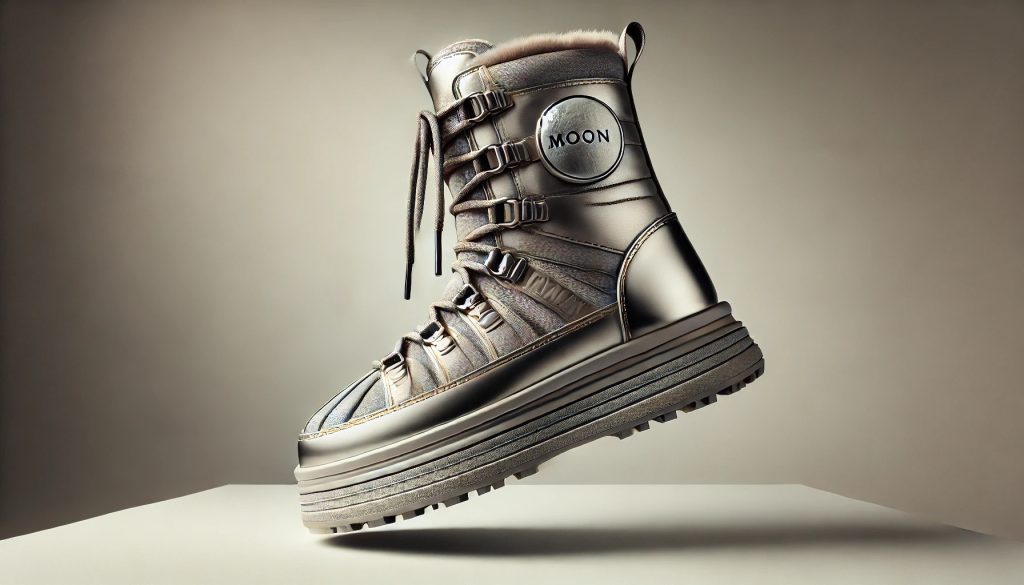  снимка на ботуш "Moon Boot" с металическо сребристо покритие и изчистен, модерен дизайн