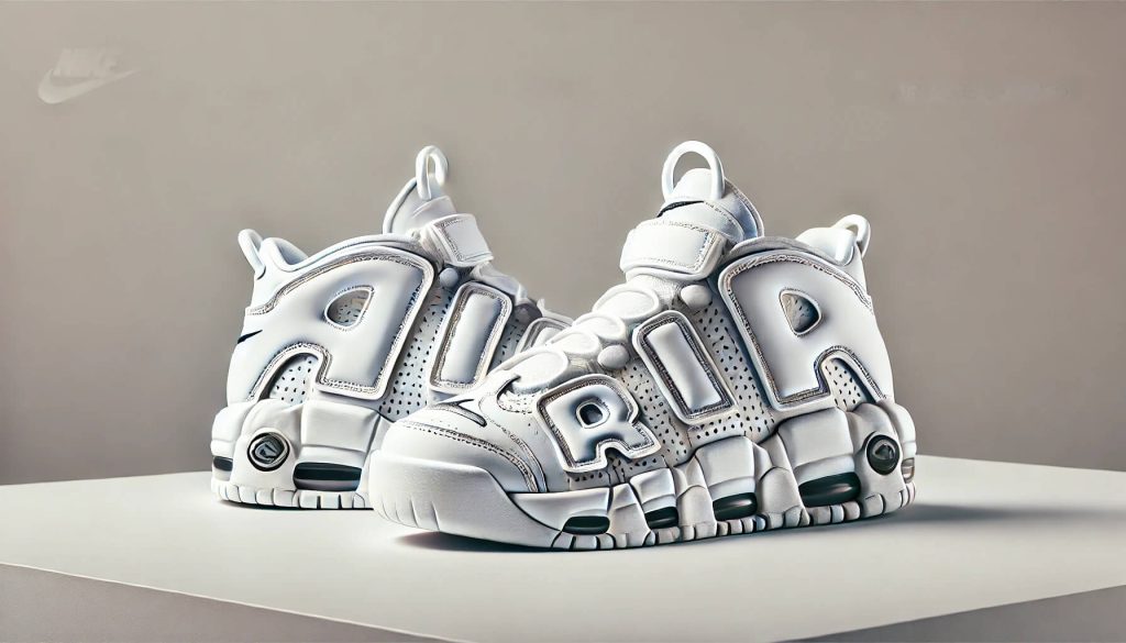 Nike Air More Uptempo в изцяло бяла разцветка, подчертаваща изчистения и класически стил на обувките