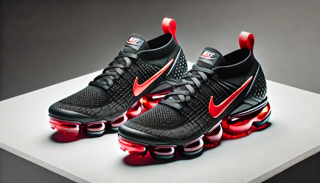 Nike VaporMax в разцветка Black/Bright Crimson, подчертаваща спортния и модерен дизайн на обувките