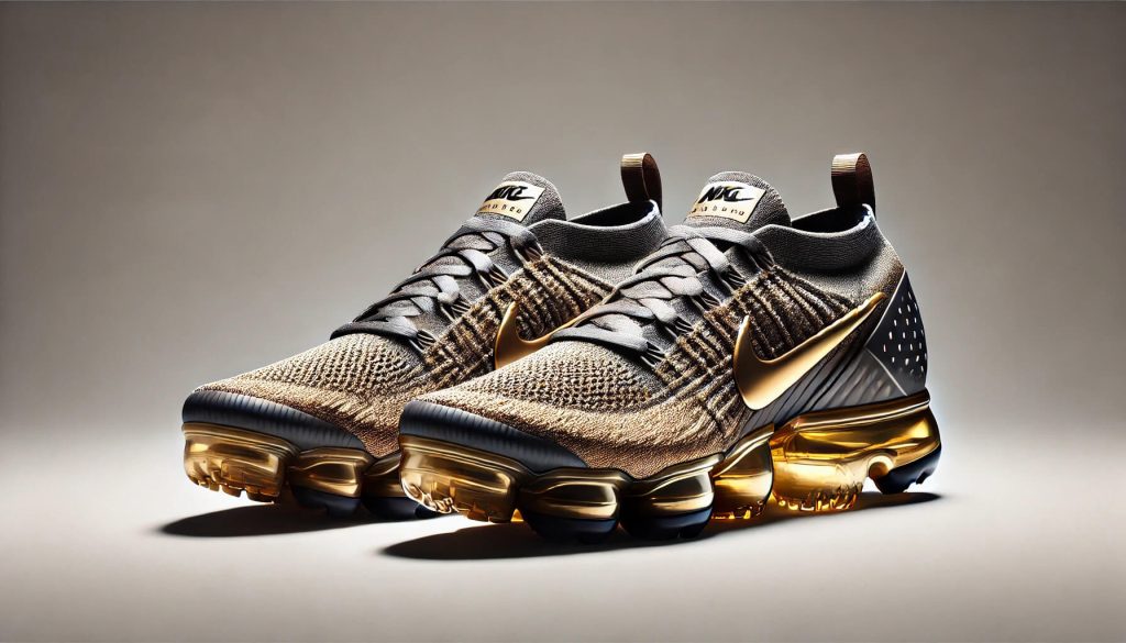 Nike VaporMax в разцветка Metallic Gold/Anthracite, подчертаваща луксозния и спортен дизайн