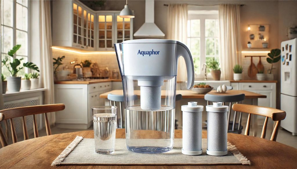 филтрираща кана AQUAPHOR с резервни филтри и чаша вода, разположени в уютна кухня