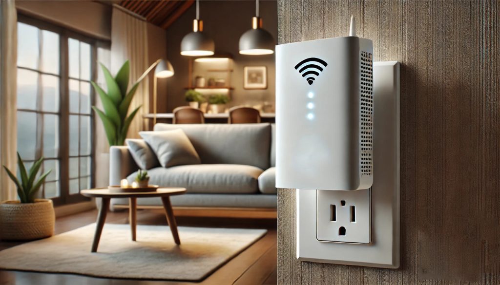 WiFi усилвател, включен в уютна спалня, с акцент върху неговата роля за осигуряване на стабилна връзка в целия дом.