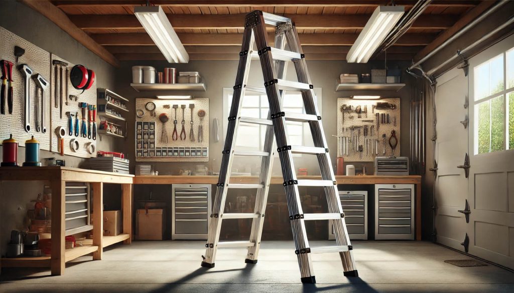 изображение на алуминиева стълба в добре осветено работно пространство