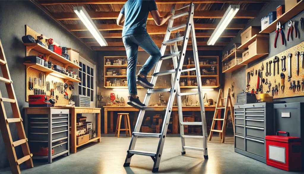 изображение с човек, който се качва на алуминиева стълба в работна обстановка