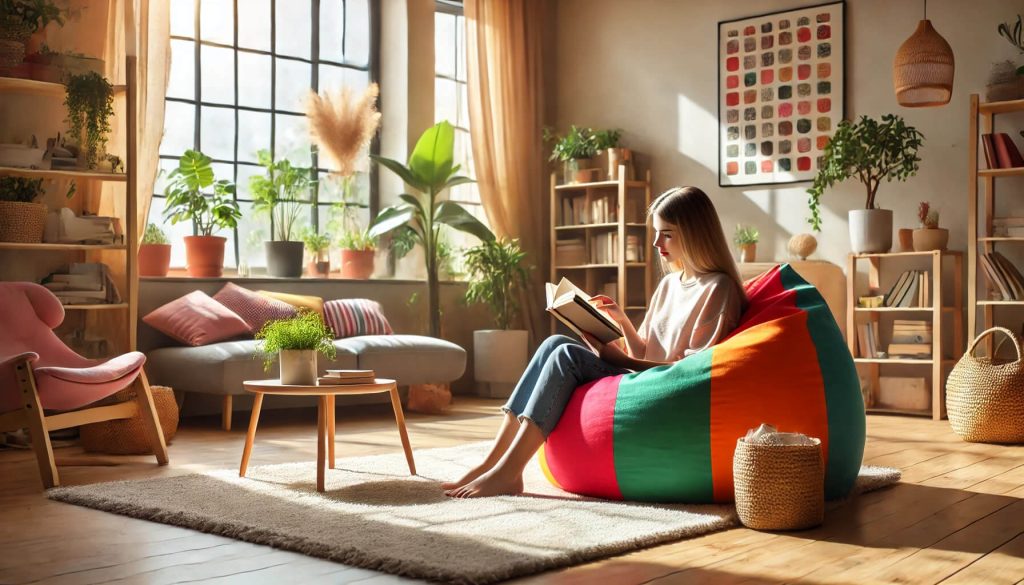 изображение на жена, която чете книга в светла домашна обстановка, седнала в цветен барбарон