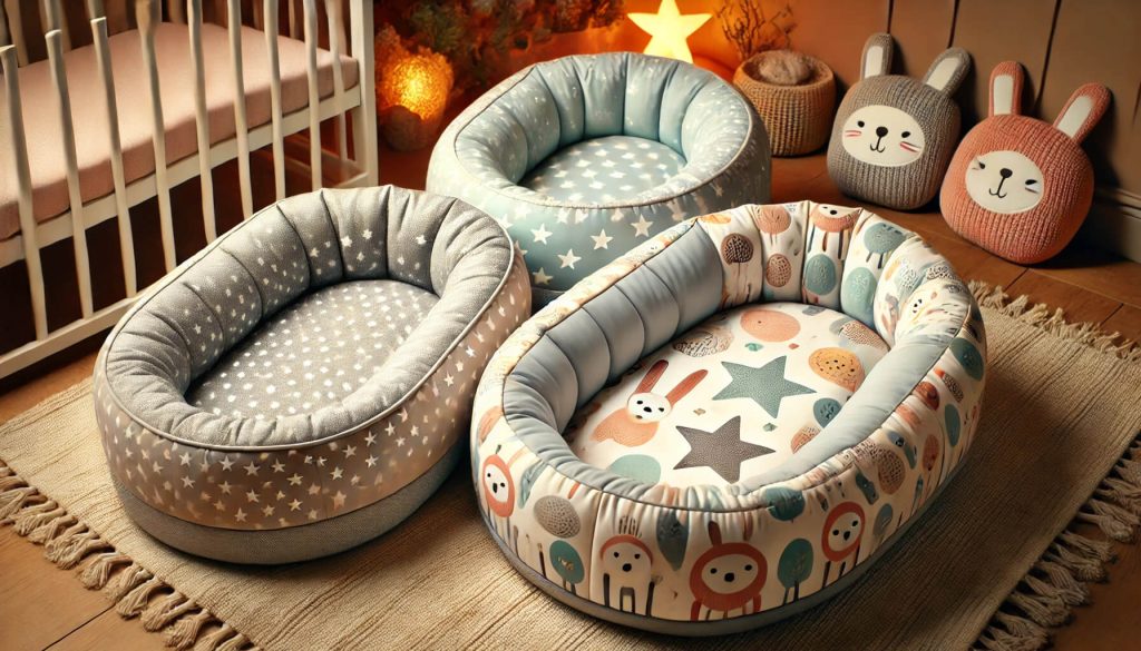 бебешки гнезда с различни дизайни — пастелни цветове със звездички, модерен сив и бял стил, и цветен принт с животни