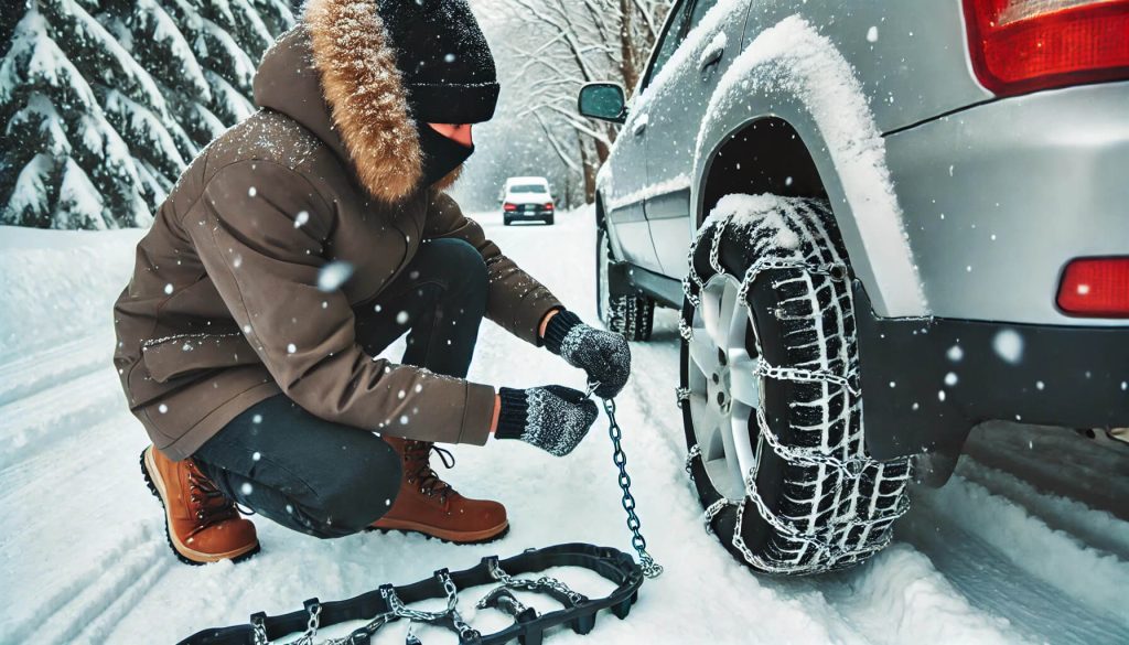 човек, който поставя верига за сняг на предната гума на автомобил в снежна обстановка