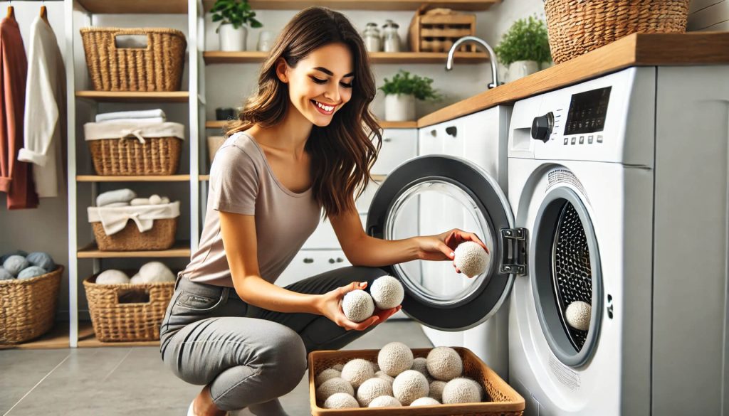 изображение на жена, която поставя вълнени топки в сушилня