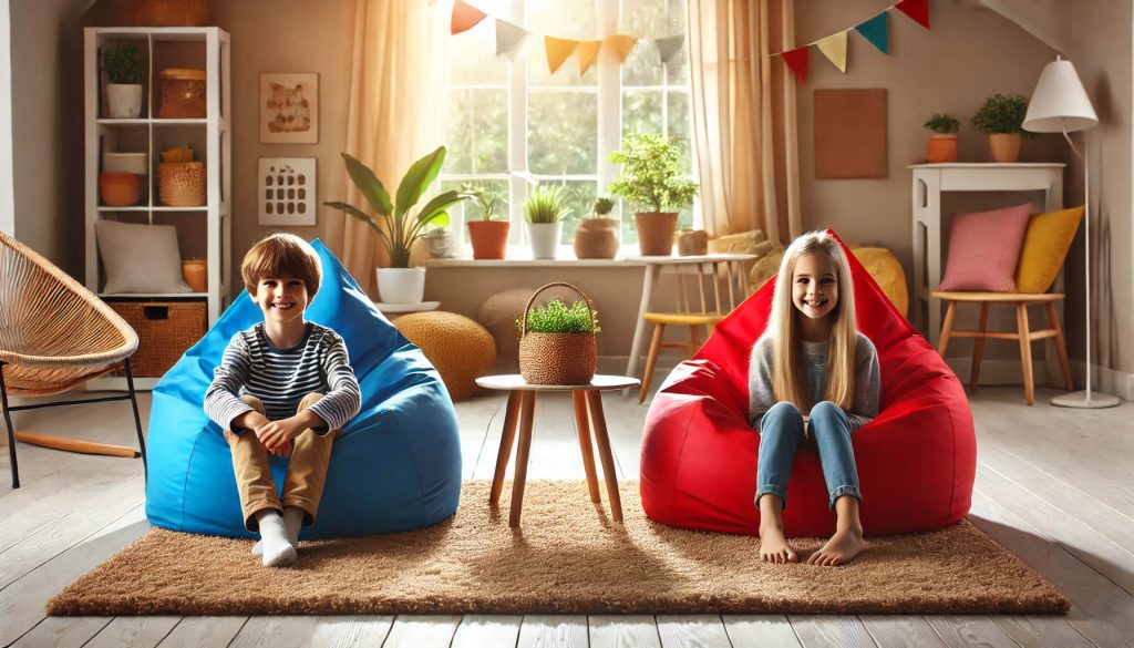 две деца в седящи в отделни, цветни барбарони