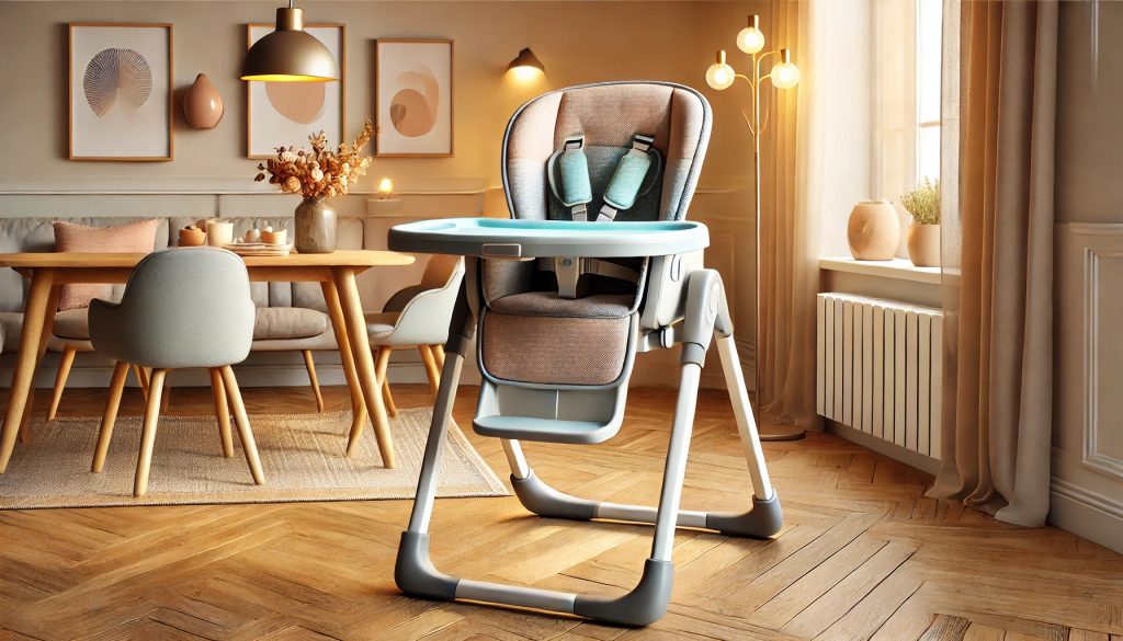 детско столче за хранене с модерен дизайн, поставено в уютна трапезария