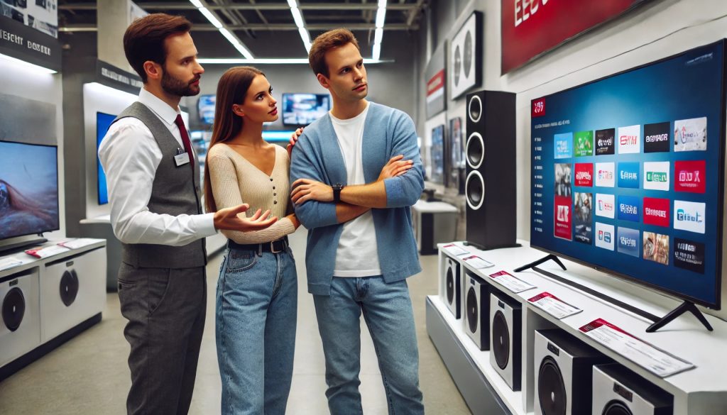 двойка и консултант в магазин за електроника, разглеждащи телевизор