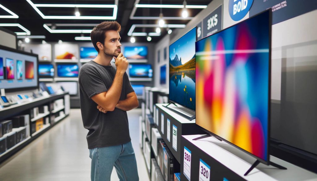 изображение на купувач, който стои пред два телевизора в магазин, опитвайки се да избере между тях