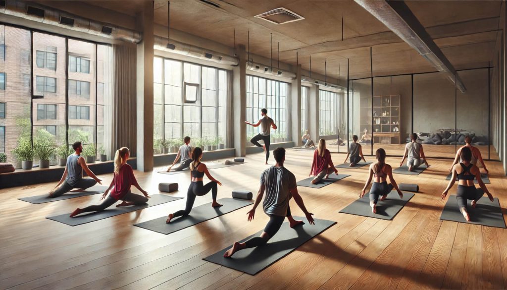 изображение на йога клас в светло и просторно студио с инструктор, който води групата