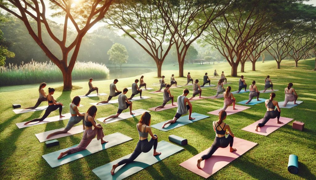 изображение на група хора, които практикуват йога на открито върху постелки, в спокойна природна обстановка