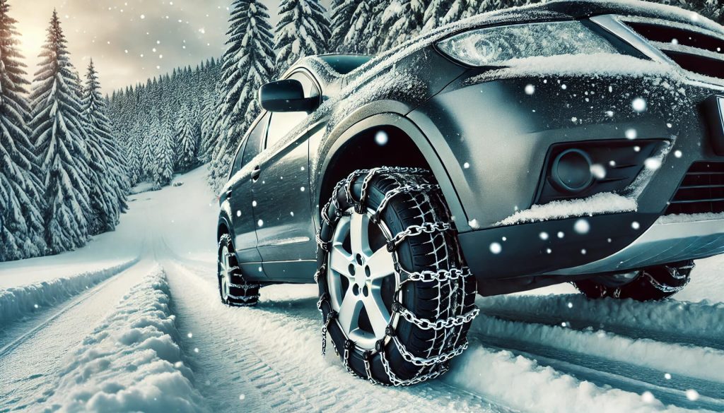  изображението с кола, оборудвана с вериги за сняг, в зимна обстановка