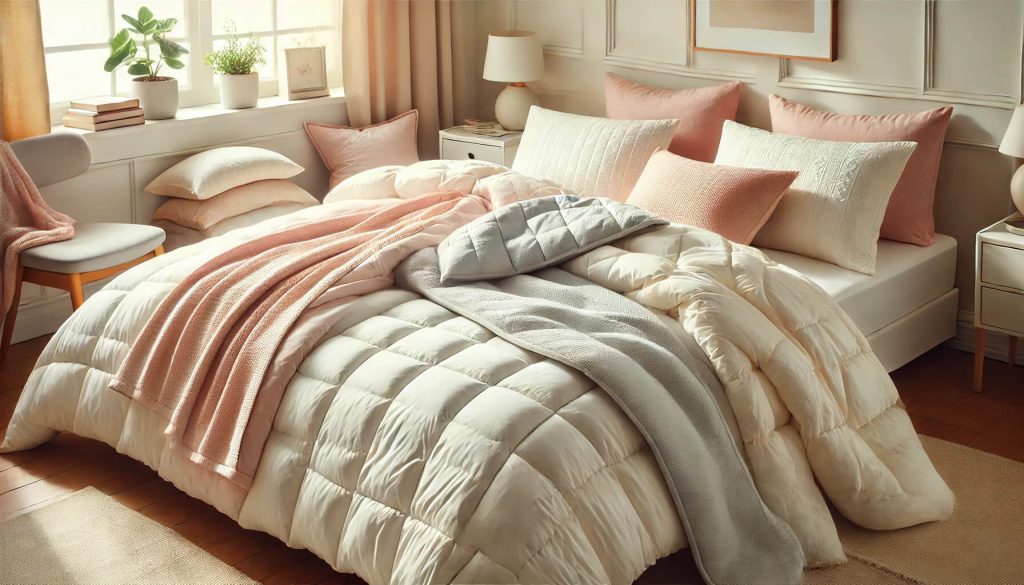 изображение на олекотени завивки, подредени върху легло в светла и уютна спалня