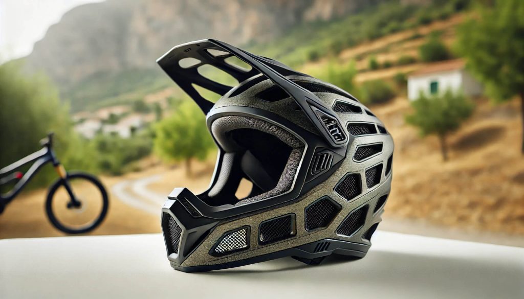 изображение на планинска каска за колело, с удължена задна част и визьор за защита от слънце, подходяща за планински терени