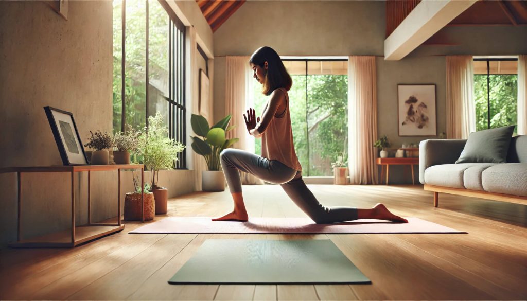 изображение на жена, която прави йога върху постелка в спокойна и добре осветена стая