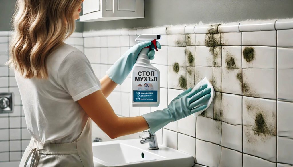 изображение на жена, която напръсква бели плочки в банята с препарат против мухъл