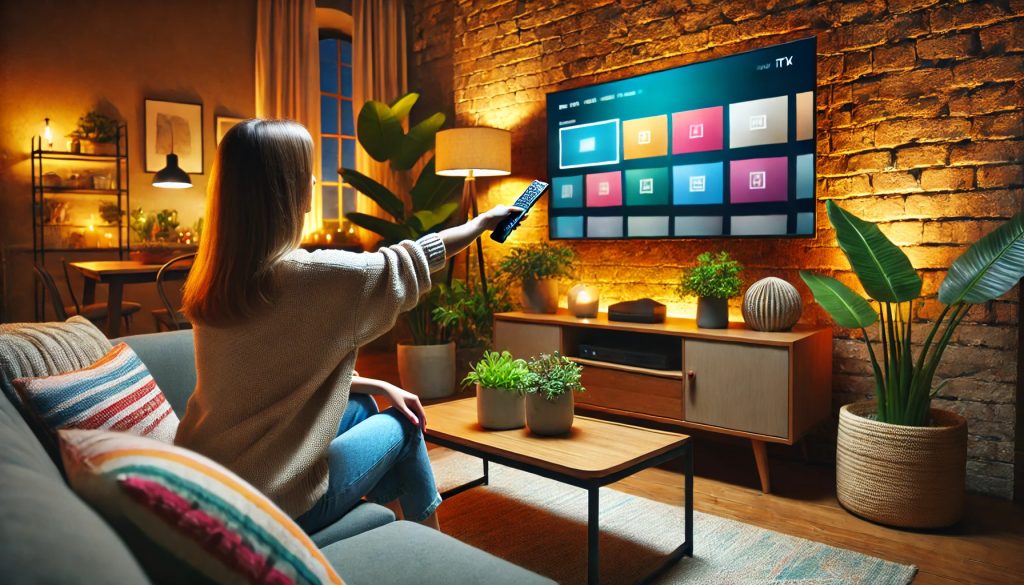 изображение на жена, която сменя канали на телевизора с дистанционно управление, в уютна всекидневна обстановка