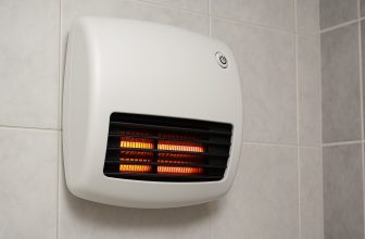 Бяла стенна печка за баня с черна решетка и светещи нагревателни елементи, монтирана върху светлосиви плочки.