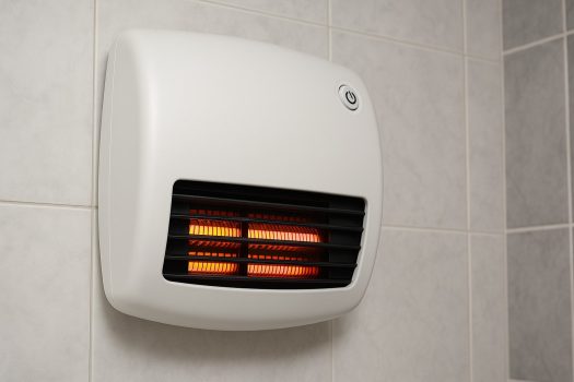 Бяла стенна печка за баня с черна решетка и светещи нагревателни елементи, монтирана върху светлосиви плочки.