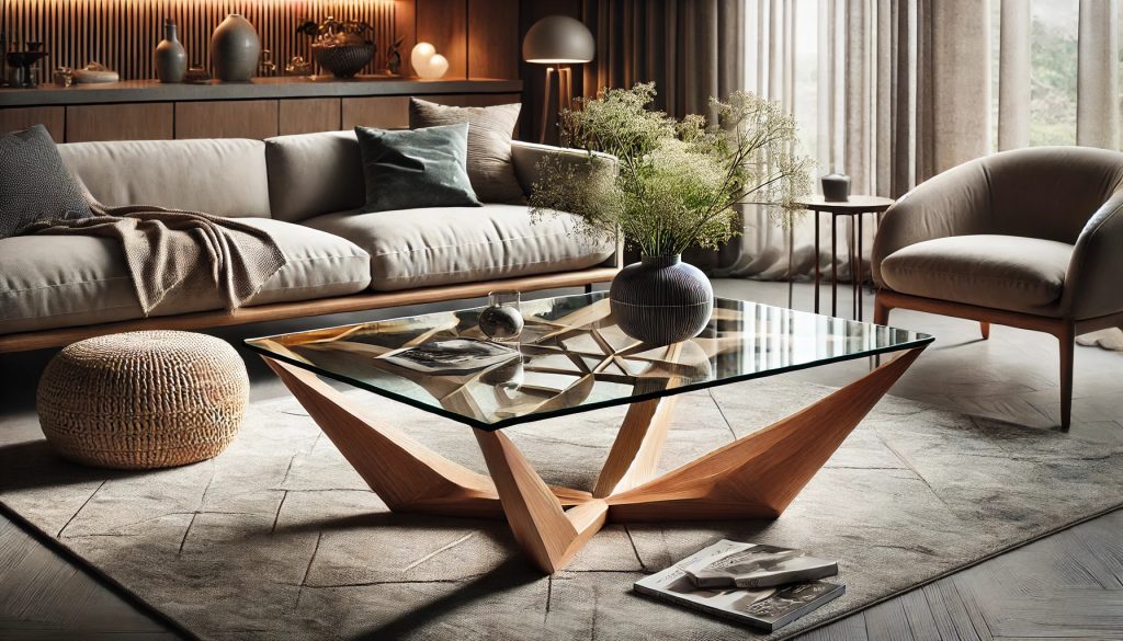 дизайн на холна маса с елегантен стъклен плот и дървени крака, в стилна и уютна обстановка