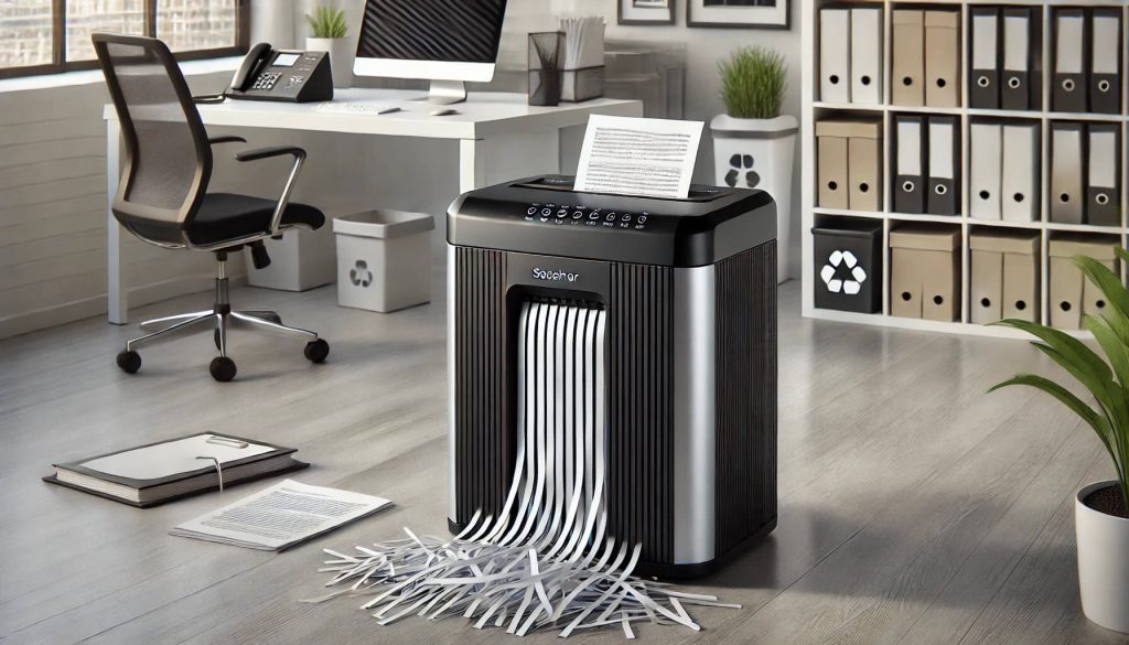 Всичко за шредерите: Как да изберем подходящия модел и важни характеристики, които да вземем предвид 1 изображение на шредер в офисна обстановка, с модерен и компактен дизайн