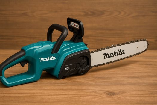 Акумулаторна резачка Makita с характерен син цвят, поставена върху дървена повърхност.