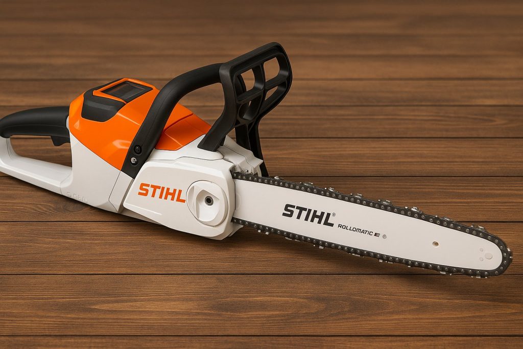 Бяло-оранжева акумулаторна резачка STIHL, поставена върху дървена повърхност.